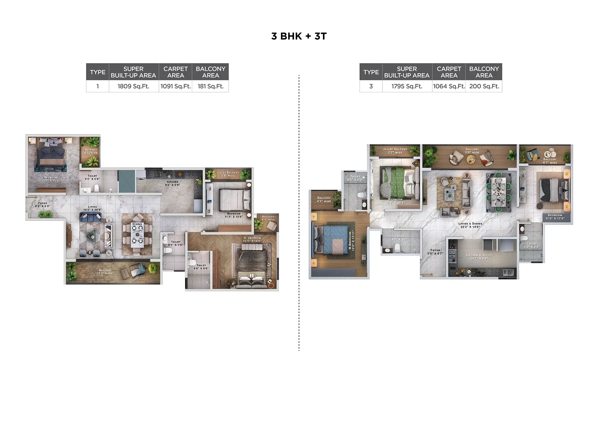 3 BHK 3 toilet floor plan